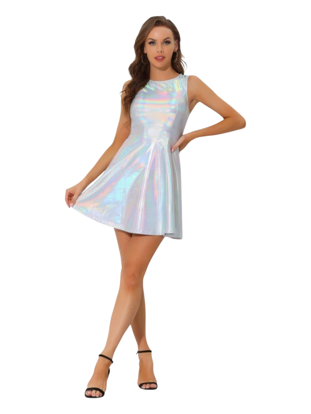 Allegra K Iridescent Metallic Sleevless High Waisted Club Holographic Dress